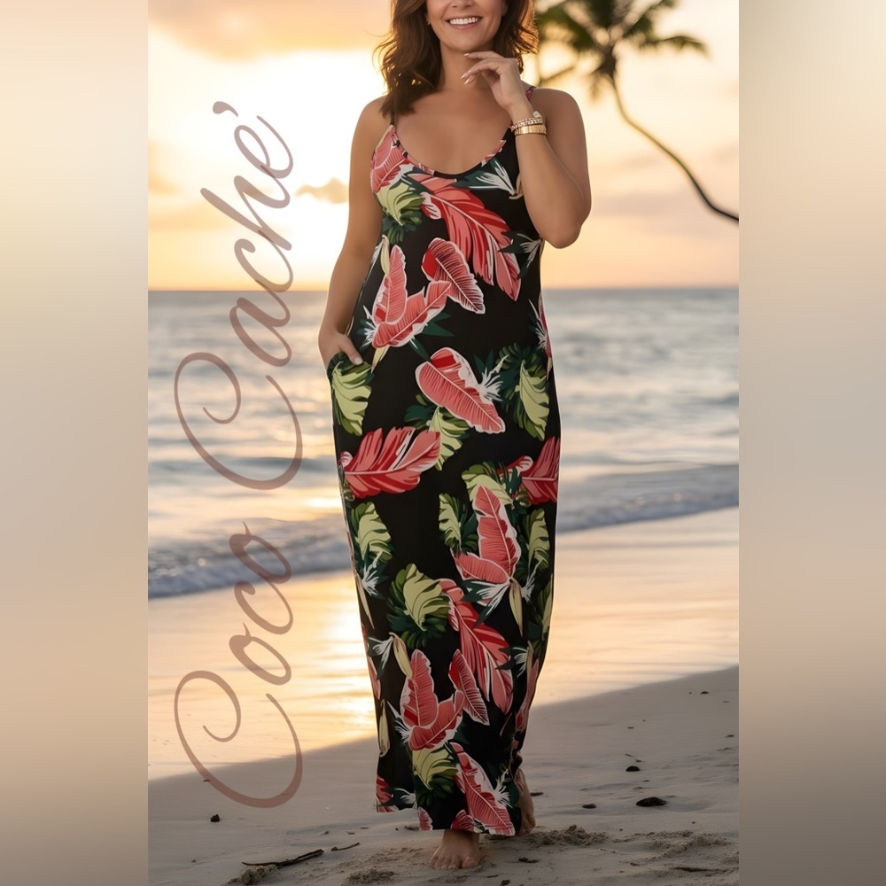 Hawaiin Vibes Tropical Floral Print Sleeveless Cami Maxi Dress